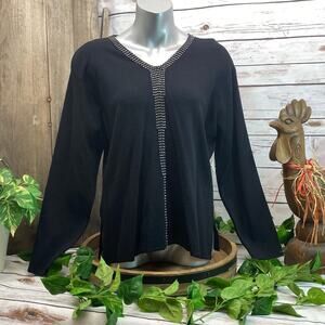 Gardy Gem Embellished Long Sleeve Pull Over V Neck Sweater Black XL NWT $108